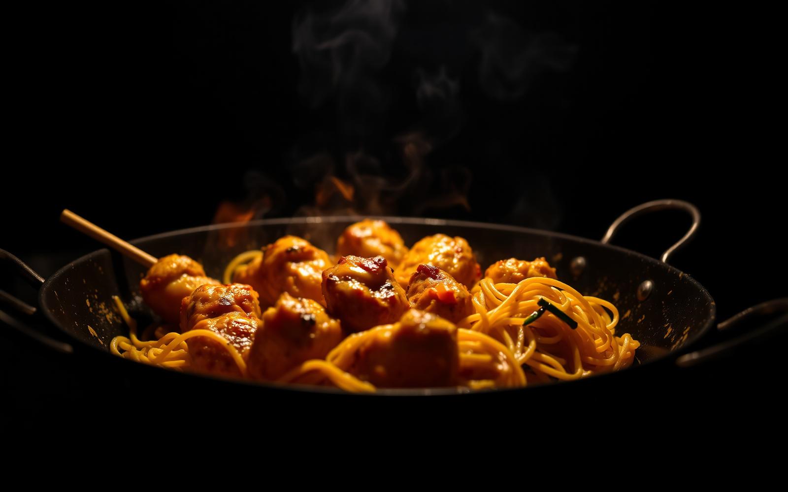 Sizzling wok of chicken and hakka noodles at Redhot Chinese Corner